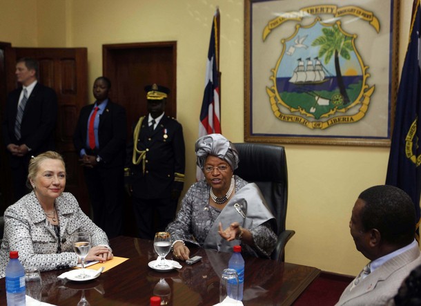 U.S. Secretary of State Hillary Clinton meets with Liberian President Ellen Johnson Sirleaf in Monrovia