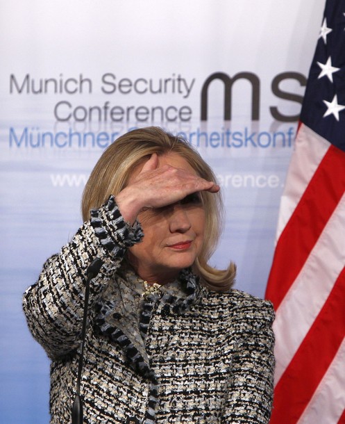 US Secretary of State Clinton gestures during statement at 48th Conference on Security Policy in Munich