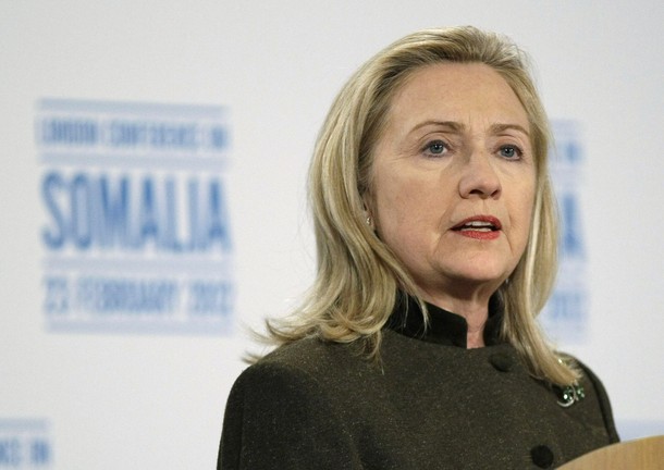 U.S. Secretary of State Clinton speaks at a news conference after the London Conference on Somalia in London