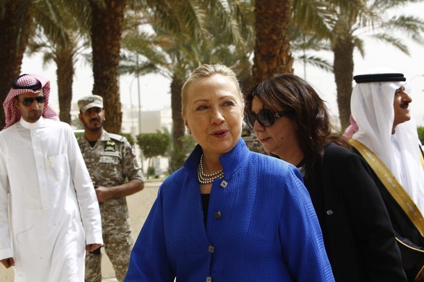U.S. Secretary of State Clinton arrives for the Gulf Cooperation Council forum at the Gulf Cooperation Council Secretariat in Riyadh