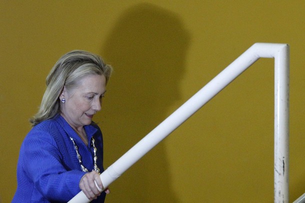 U.S. Secretary of State Hillary Clinton arrives at the annual conference "Open Government Partnership" in Brasilia