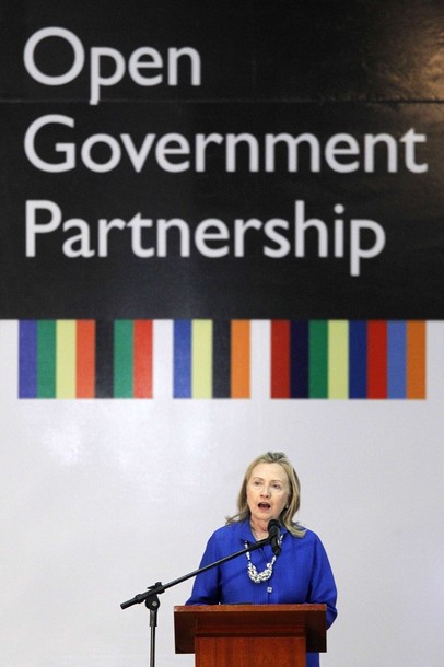U.S. Secretary of State Hillary Clinton speaks during the annual conference "Open Government Partnership" in Brasilia