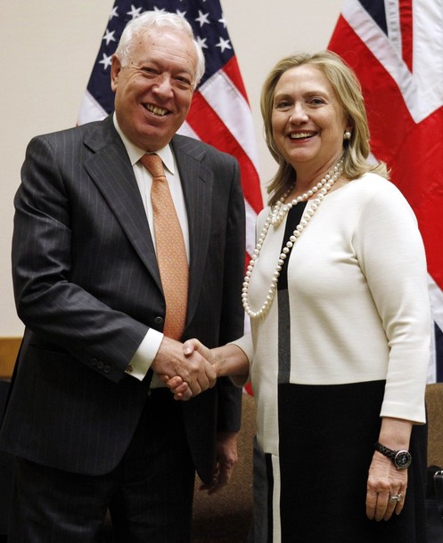 U.S. Secretary of State Hillary Clinton meets with Spanish Foreign Minister Jose Manuel Garcia-Margallo at NATO headquarters in Brussels