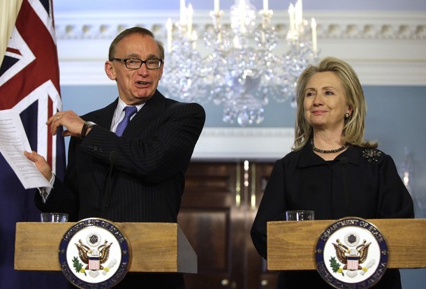 Australian Foreign Minister Bob Carr talks to the media next to U.S. Secretary of State Hillary Clinton after their meeting at the State Department in Washington