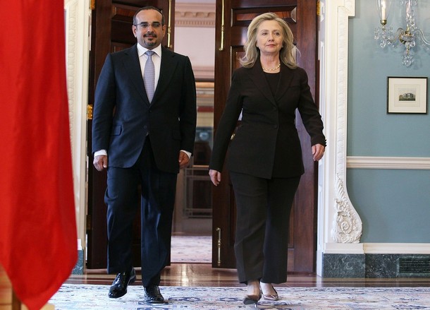 WASHINGTON, DC - MAY 09: Secretary of State Hillary Clinton and Crown Prince of Bahrain Sheikh Salman bin Hamad bin Isa Al-Khalifa, walk up to speak o the media before a meeting at the State Department, on May 9, 2012 in Washington, DC. Secretary Clinton and the Crown Prince participated in a bilateral meeting on reginal issues.   (Photo by Mark Wilson/Getty Images)