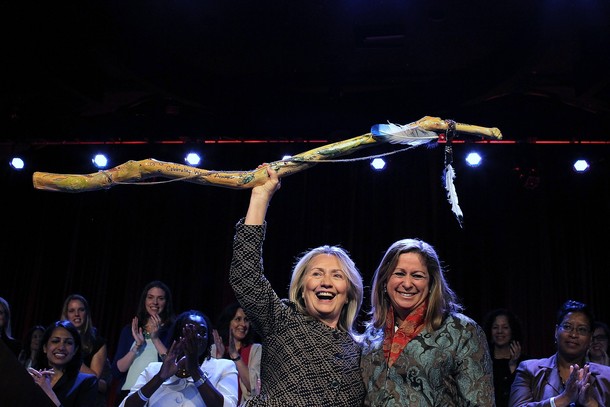 NEW YORK, NY - MAY 10:  U.S. Secretary of State Hillary Clinton (L) holds up the New York Women's Foundation Century Award with Abigail Disney (R) during The New York Women's Foundation 2012 Celebrating Women Breakfast on May 10, 2012 in New York City.  Secretary Clinton delivered the keynote address at the New York Women's Foundation Celebrating Women Breakfast and was honored with their 2012 Century Award.  (Photo by Justin Sullivan/Getty Images)