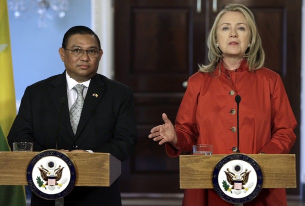 Secretary of State Hillary Rodham Clinton meets with Tajikistan's Foreign Minister Hamrokhon Zarifi at the State Department in Washington, Wednesday, May 16, 2012. (AP Photo/Jacquelyn Martin)