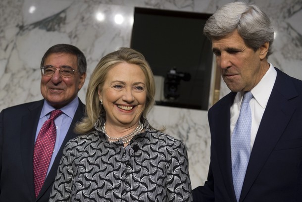 US Senator John Kerry (D-Massachusetts) stands alongside US Secretary of State Hillary Clinton and US Secretary of Defense Leon Panetta prior to testifying before the US Senate Foreign Relations Committee on the Law of the Sea Convention, during a hearing on Capitol Hill in Washington, DC, May 23, 2012. AFP PHOTO / Saul LOEB        (Photo credit should read SAUL LOEB/AFP/GettyImages)