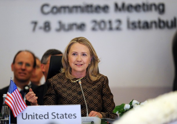 US Secretary of State Hillary Clinton speaks during the Global Counterterrorism Forum, Ministeral Level Plenary and 2nd Coordinating Committee Meeting, at the Conrad Hotel in Istanbul on June 7, 2012. Al-Qaeda is still a serious and imminent threat as it is spreading geographically, US Secretary of State Hillary Clinton said today. "The threat has spread, becoming more geographically diverse," Clinton said ahead of a counterterrorism meeting.  AFP PHOTO / BULENT KILIC        (Photo credit should read BULENT KILIC/AFP/GettyImages)