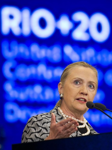 U.S. Secretary of State Hillary Rodham Clinton delivers a speech at the United Nations Conference on Sustainable Development, or Rio+20, in Rio de Janeiro, Brazil, , Friday, June 22, 2012. (AP Photo/Victor R. Caivano)
