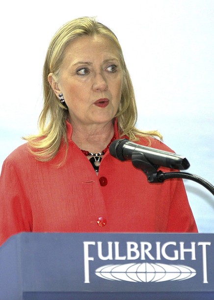 U.S. Secretary of State Hillary Clinton speaks during a Fulbright program at the Foreign Trade University in Hanoi July 10, 2012. Clinton is on an official two-day visit to Vietnam. REUTERS/Luong Thai Linh/Pool (VIETNAM - Tags: POLITICS EDUCATION)
