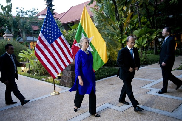U.S. Secretary of State Hillary Rodham Clinton and Myanmar Preside Thein Sein, second from right, walk towards a meeting at Le Meridien Hotel Friday, July 13, 2012 in Siem Reap, Cambodia. Clinton is in Cambodia to attend ASEAN regional forum and meet with other ministers and leaders to strengthen economic and strategic relationships between Asia and the U.S. (AP Photo/Brendan SU.S. Secretary of State Hillary Rodham Clinton and Myanmar Preside Thein Sein, second from right, walk towards a meeting at Le Meridien Hotel Friday, July 13, 2012 in Siem Reap, Cambodia. Clinton is in Cambodia to attend ASEAN regional forum and meet with other ministers and leaders to strengthen economic and strategic relationships between Asia and the U.S. (AP Photo/Brendan Smialowski, Pool)mialowski, Pool)