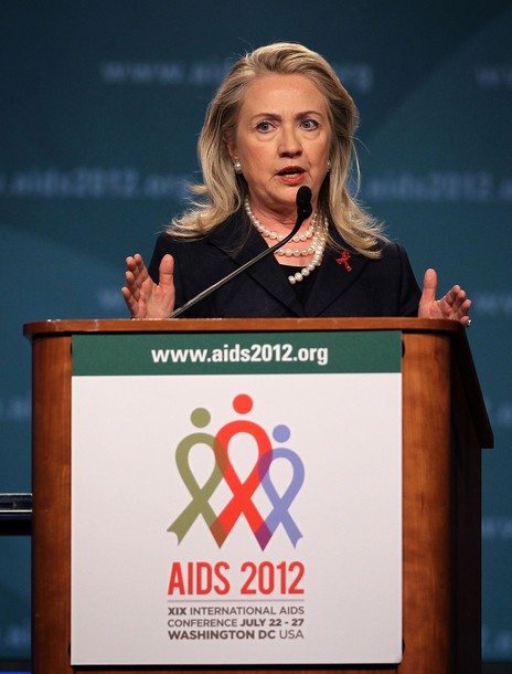 WASHINGTON, DC - JULY 23:  U.S. Secretary of State Hillary Clinton delivers remarks at the opening plenary of the 19th International AIDS Conference July 23, 2012 in Washington, DC. The International AIDS Conference, the world's largest one, is held in the U.S. for the first time since 1990. (Photo by Alex Wong/Getty Images)