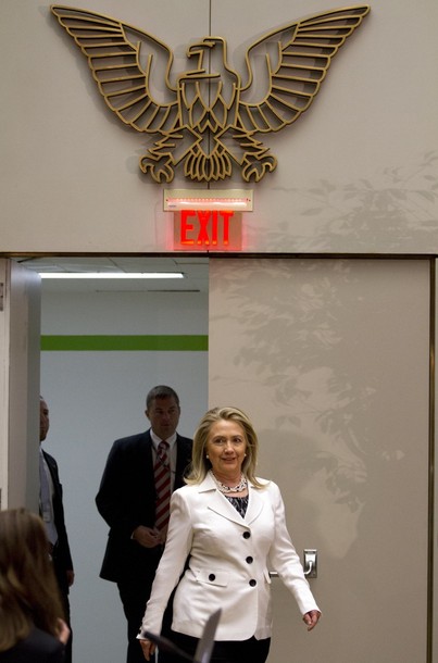 Secretary of State Hillary Rodham Clinton arrives to speak at the Second Annual Global Diaspora Forum, Wednesday, July 25, 2012, at the State Department in Washington. (AP Photo/Jacquelyn Martin)