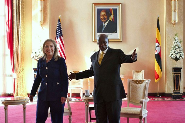 U.S. Secretary of State Clinton meets with Ugandan President Museveni at the State House in Kampala