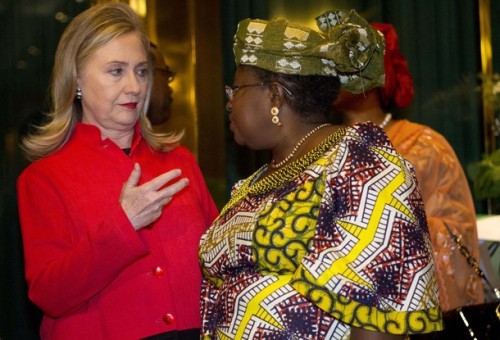U.S. Secretary of State Clinton talks with Nigerian Finance Minister Okonjo-Iweala at the Presidential Villa in Abuja