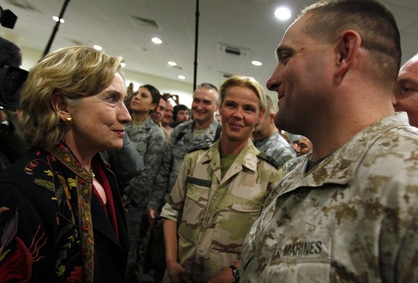 U.S. State Secretary Hillary Clinton meets with International troops at Kabul airport