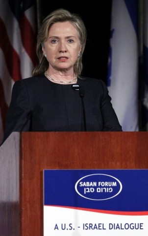 U.S. Secretary of State Clinton speaks at the Brookings Institution's Saban Center for Middle East Policy in Washington