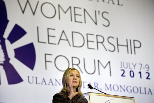 U.S. Secretary of State Hillary Rodham Clinton delivers the closing remarks to the International Women's Leadership Forum at Government House Monday, July 9, 2012 in Ulan Bator, Mongolia. (AP Photo/Brendan 