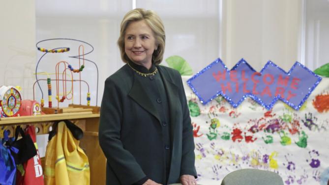 Democratic presidential candidate Hillary Rodham Clinton arrives to speak to child care workers during a visit to the Center For New Horizons  Wednesday, May 20, 2015, in Chicago. (AP Photo/M. Spencer Green)