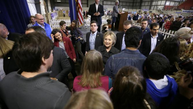 Democratic presidential candidate Hillary Rodham Clinton greets supporters at the Central Iowa Democrats Fall Barbecue Sunday, Nov. 15, 2015, in Ames, Iowa. (AP Photo/Charlie Neibergall)