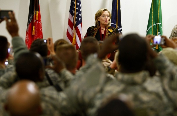 U.S. State Secretary Hillary Clinton speaks during a meeting with International troops at Kabul airport before her departure from Afghanistan November 19, 2009. REUTERS/Jerry Lampen (AFGHANISTAN MILITARY POLITICS CONFLICT)