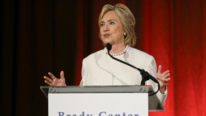Democratic presidential candidate Hillary Rodham Clinton speaks at the Brady Bear Awards Gala Thursday, Nov. 19, 2015, in New York. (AP Photo/Frank Franklin II)