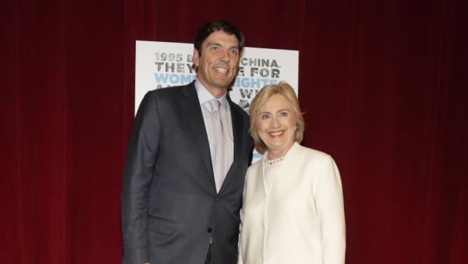 Democratic presidential candidate Hillary Rodham Clinton, right, poses for a photo with AOL chairman and CEO Tim Armstrong before the premiere of the movie "Makers: Once and for All," Thursday, Nov. 19, 2015, in New York. The movie chronicles the months in 1995 leading up to the U.N. Fourth World Conference on Women in Beijing which Clinton attended. (AP Photo/Julie Jacobson)