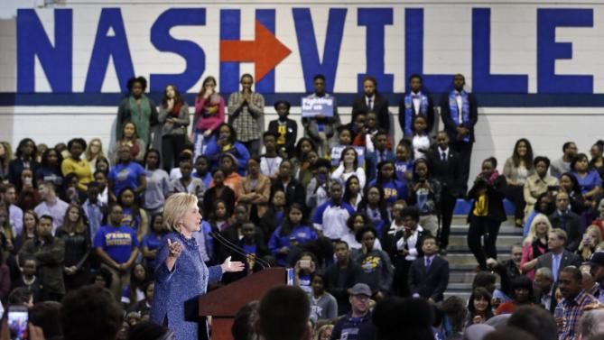 Democratic presidential candidate Hillary Rodham Clinton speaks at Fisk University, Friday, Nov. 20, 2015, in Nashville, Tenn. (AP Photo/Mark Humphrey)