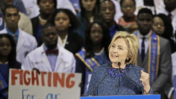 Democratic presidential candidate Hillary Rodham Clinton speaks at Fisk University Friday, Nov. 20, 2015, in Nashville, Tenn. (AP Photo/Mark Humphrey)