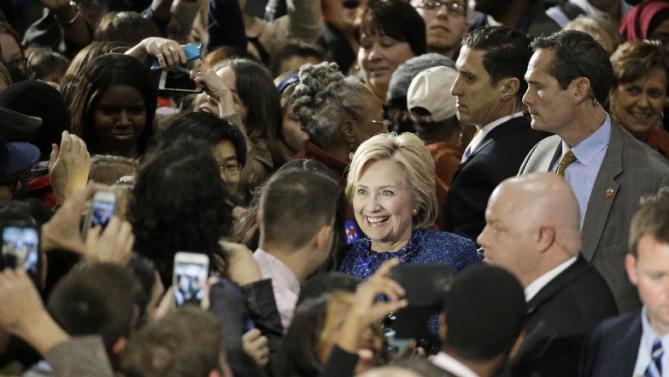 Democratic presidential candidate Hillary Rodham Clinton greets supporters after speaking at Fisk University Friday, Nov. 20, 2015, in Nashville, Tenn. (AP Photo/Mark Humphrey)