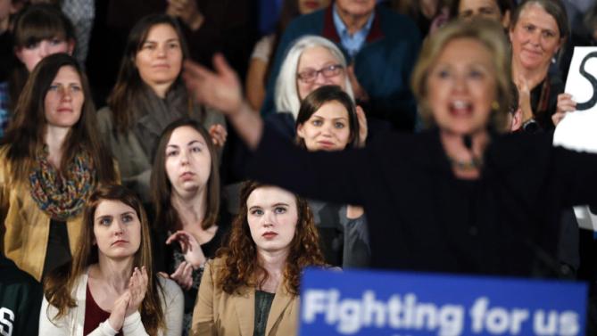 Supporters listen to Democratic presidential candidate Hillary Rodham Clinton speak at a campaign rally in Boulder, Colo., Tuesday, Nov. 24, 2015. (AP Photo/Brennan Linsley