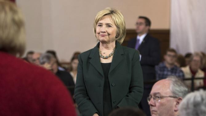 Democratic presidential candidate Hillary Clinton listens to a question at a campaign event Wednesday, Dec. 16, 2015, at the Old Brick Church in Iowa City, Iowa. (AP Photo/Scott Morgan)