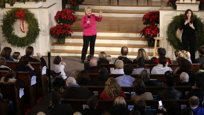 Democratic presidential candidate Hillary Clinton addresses an audience during a town hall style campaign event Tuesday, Dec. 29, 2015, at South Church, in Portsmouth, N.H. (AP Photo/Steven Senne)