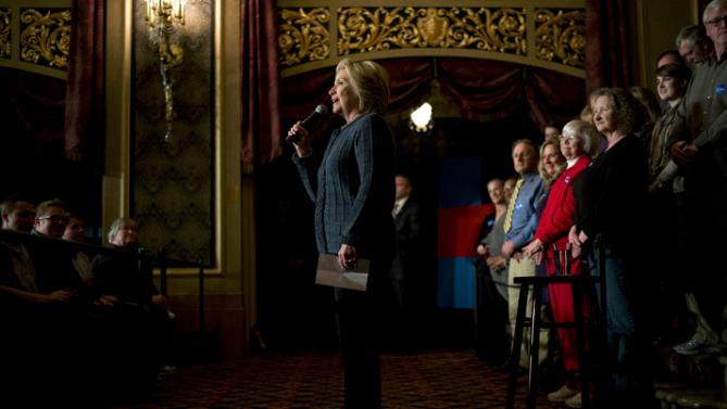 Democratic presidential candidate Hillary Clinton speaks during a rally at the Orpheum Theatre, Tuesday, Jan. 5, 2016, in Sioux City, Iowa. (AP Photo/Jae C. Hong)