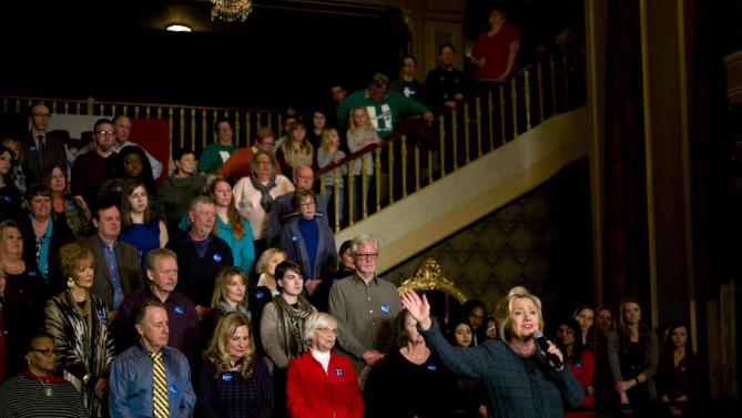 Democratic presidential candidate Hillary Clinton, right, speaks at a held at the Orpheum Theatre, Tuesday, Jan. 5, 2016, in Sioux City, Iowa. (AP Photo/Jae C. Hong)