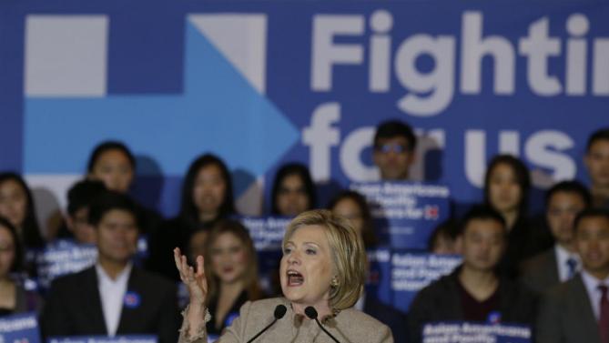 Democratic presidential hopeful former Secretary of State Hillary Clinton addresses Asian American and Pacific Islander supporters in San Gabriel, Calif., on Thursday, Jan. 7, 2016. Asian Americans have received relatively scant attention in the Republican and Democratic primaries. (AP Photo/Damian Dovarganes)