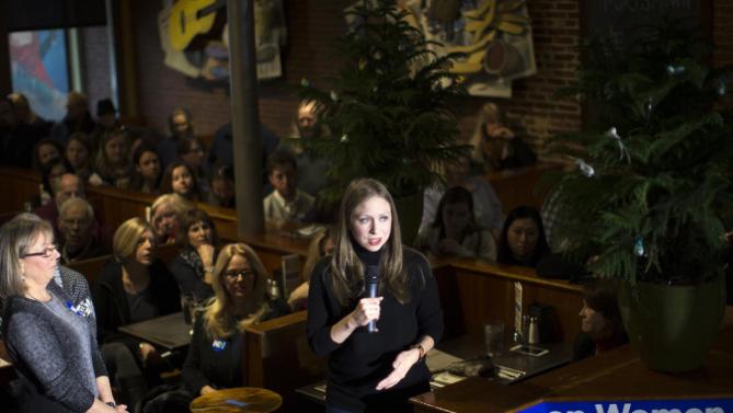 Chelsea Clinton speaks during a campaign stop for her mother Democratic presidential candidate Hillary Clinton at Portsmouth Brewery, Tuesday, Jan. 12, 2016, in Portsmouth, N.H. (AP Photo/John Minchillo)