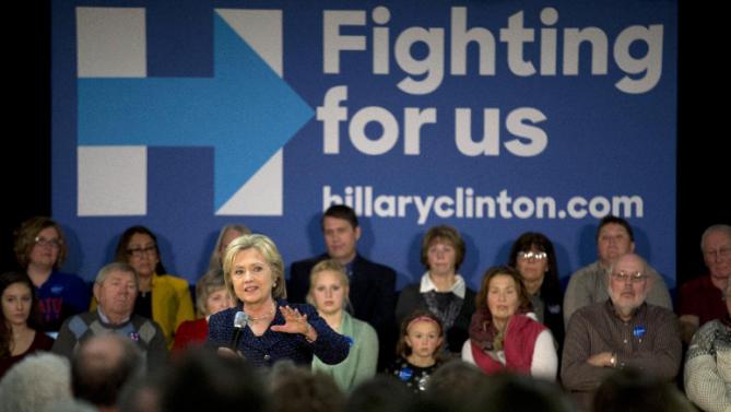 Democratic presidential candidate Hillary Clinton addresses supporters during a rally Thursday, Jan. 21, 2016, in Vinton, Iowa. (AP Photo/Jae C. Hong)
