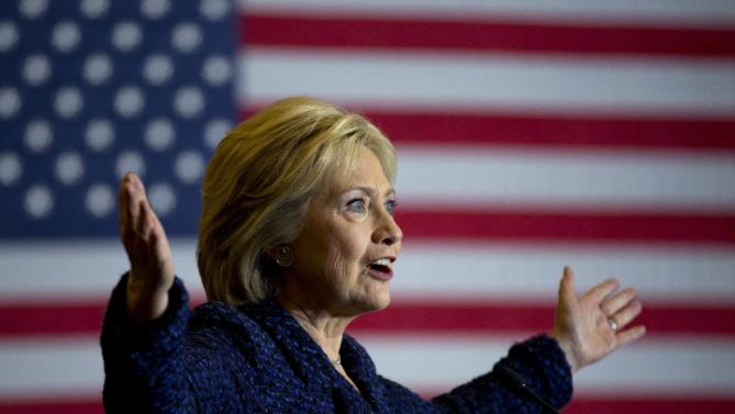 Democratic presidential candidate Hillary Clinton gestures while speaking during a rally on the campus of Simpson College, Thursday, Jan. 21, 2016, in Indianola, Iowa. (AP Photo/Jae C. Hong)
