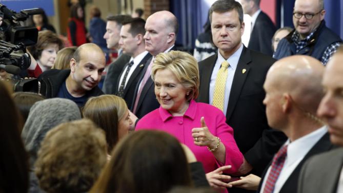 Democratic presidential candidate Hillary Clinton gives a thumbs up as she greets attendees after speaking at a town hall at Eagle Heights Elementary School in Clinton, Iowa, Saturday, Jan. 23, 2016. (AP Photo/Patrick Semansky)