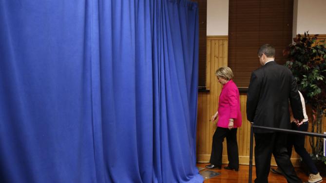 Democratic presidential candidate Hillary Clinton departs after speaking at the Scott County Democrats Red, White and Blue Banquet in Davenport, Iowa, Saturday, Jan. 23, 2016. (AP Photo/Patrick Semansky)