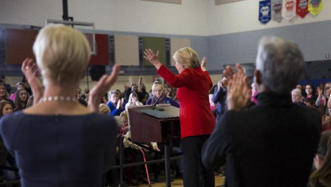 Democratic presidential candidate Hillary Clinton speaks during a campaign rally at Burford Garner Elementary School, on Sunday, Jan. 24, 2016, in North Liberty, Iowa. (AP Photo/Evan Vucci)