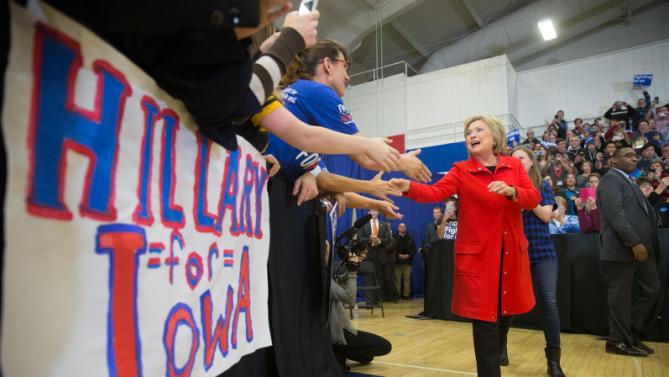 Democratic presidential candidate Hillary Clinton arrives to speaks at a rally at Washington High School in Cedar Rapids, Iowa, Saturday, Jan. 30, 2016. (AP. Photo/Andrew Harnik)