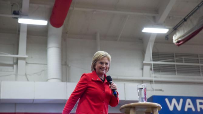 Democratic presidential candidate Hillary Clinton smiles during a rally at Washington High School in Cedar Rapids, Iowa, Saturday, Jan. 30, 2016. (AP Photo/Andrew Harnik)