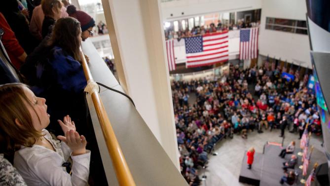 Democratic presidential candidate Hillary Clinton speaks at a rally at Iowa State University in Ames, Iowa Saturday, Jan. 30, 2016.  (AP Photo/Andrew Harnik)