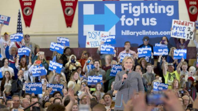 Democratic presidential candidate Hillary Clinton speaks during a rally at the Abraham Lincoln High School, Sunday, Jan. 31, 2016, in Des Moines, Iowa. (AP Photo/Mary Altaffer)