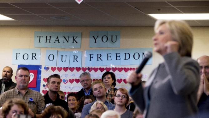 Democratic presidential candidate Hillary Clinton speaks at a rally at Abraham Lincoln High School in Council Bluffs, Iowa, Sunday, Jan. 31, 2016. (AP Photo/Andrew Harnik)