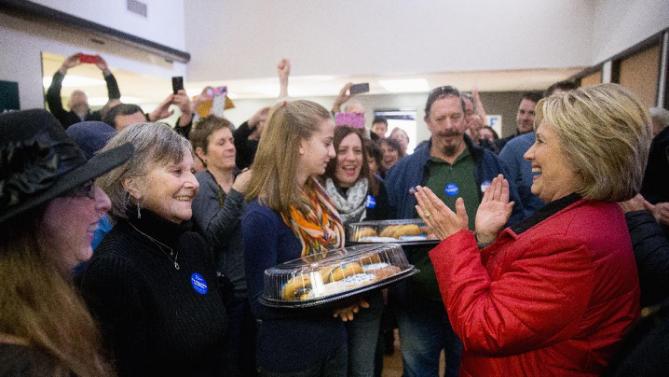 Democratic presidential candidate Hillary Clinton greets workers at her campaign office in Des Moines, Iowa, Monday, Feb. 1, 2016. (AP Photo/Andrew Harnik)
