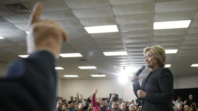 Democratic presidential candidate Hillary Clinton speaks during a campaign stop, Wednesday, Feb. 3, 2016, in Derry, N.H. (AP Photo/Matt Rourke)